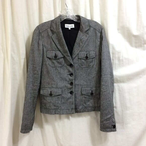 The Line Vintage Short Blazer 4 Patch Pockets Lined Gray Rayon Blend Size 38 (8) - Picture 1 of 4